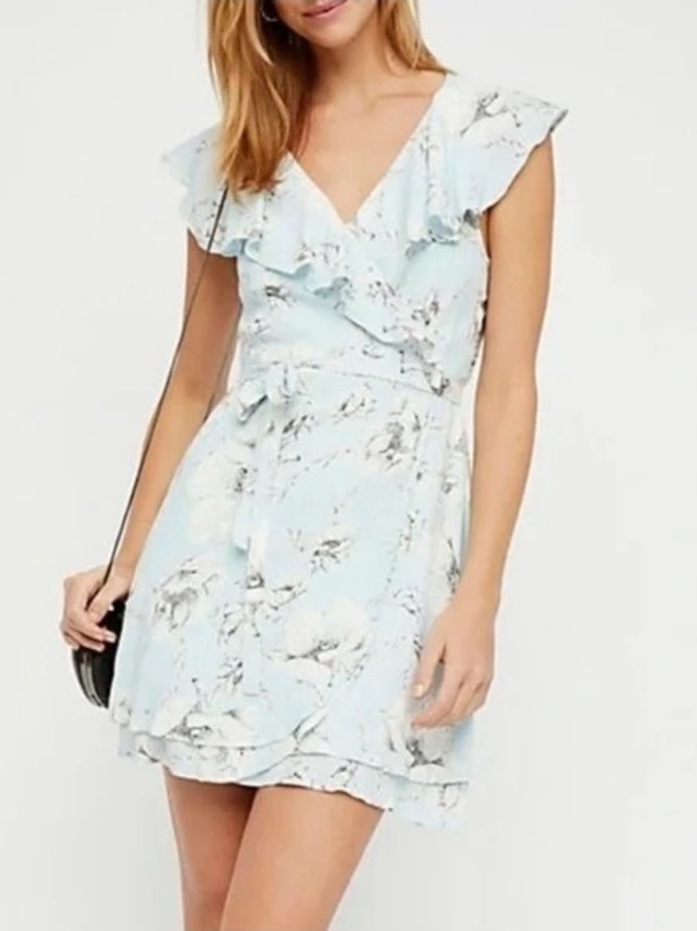 Free People Floral Ruffle Wrap Mini Dress - Light Blue